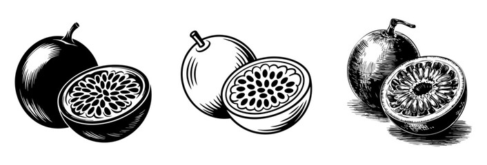 passion fruit icon set with whole, sliced and engraved symbols, vector illustrations for tropical food and healthy diet