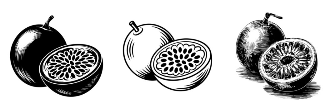 passion fruit icon set with whole, sliced and engraved symbols, vector illustrations for tropical food and healthy diet