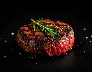 A Culinary Masterpiece: Savor the allure of a perfectly grilled steak, adorned with aromatic rosemary and a sprinkle of sea salt, presented against a sleek backdrop of intense darkness.