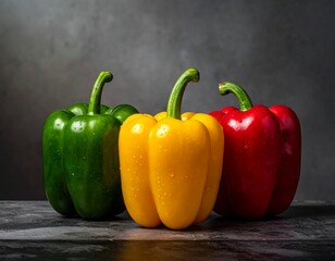Vibrant Trio of Bell Peppers: A colorful array of bell peppers in green, yellow, and red, arranged in a visually appealing composition, bringing freshness and zest to your culinary creations. 