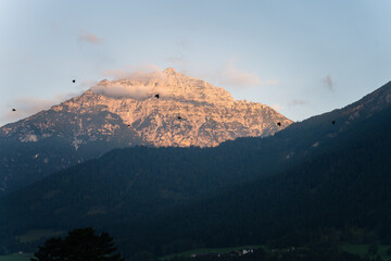 Morning sunlight illuminating alpine mountain peak above shadowed forest