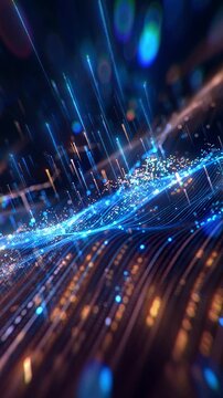 Abstract digital data wave with glowing particles and dynamic lines on a dark background, concept of technology and data visualization. 3d animation