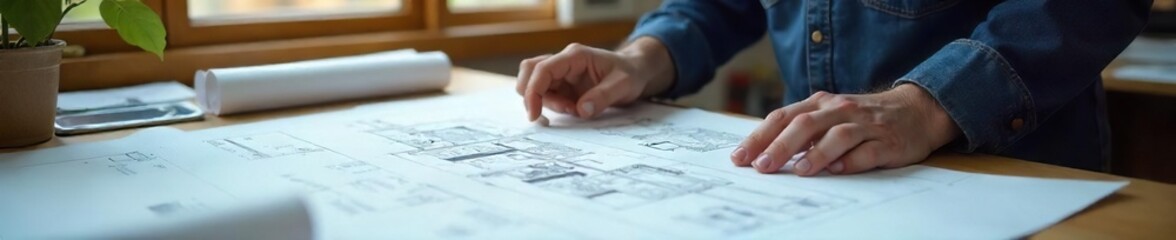 Architect Carefully Reviewing Blueprints, Immersed in Detailed House Design Amidst Models and Tools