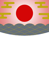 年賀状のフレーム素材　和風デコレーション　初日の出（2）　ピンクと青　タテ