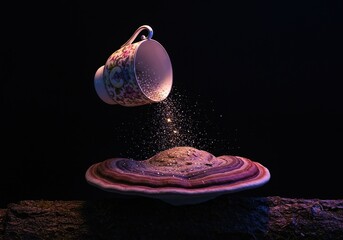 An ethereal scene where an antique teacup defies gravity, gently spilling a shimmering cascade of cosmic stardust onto a vibrant, oversized fungi ,imaginative concept ,luminous ,illusion