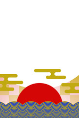 年賀状のフレーム素材　和風デコレーション　初日の出（1）　ピンクと青　タテ