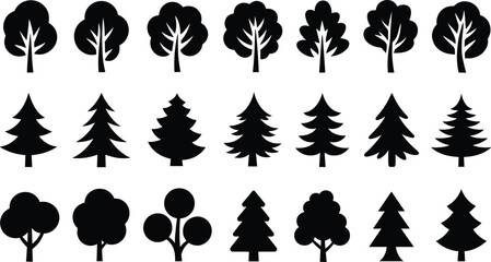 Silhouette collection of different tree shapes, pine trees, forest icons, and nature plant symbols, simple black vector illustration for eco design