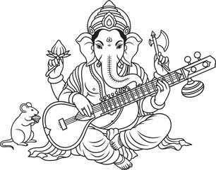 Lord Ganesha Playing Veena Coloring Page &ndash; Hindu God Line Art, Ganpati Outline Drawing, Spiritual Art for Kids and Adults Coloring