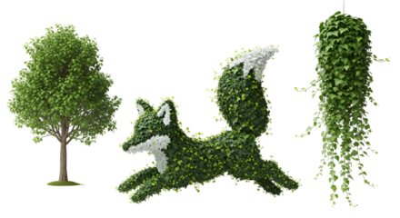 A topiary fox sculpture made of green leaves, isolated on transparent background, next to a tree and hanging ivy