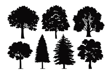 Diverse Tree Silhouettes: A collection of various tree silhouettes, showcasing different shapes and textures, offering a versatile resource for design and illustration. 