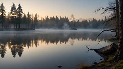 Misty Forest Lake at Sunrise with Tree Reflections