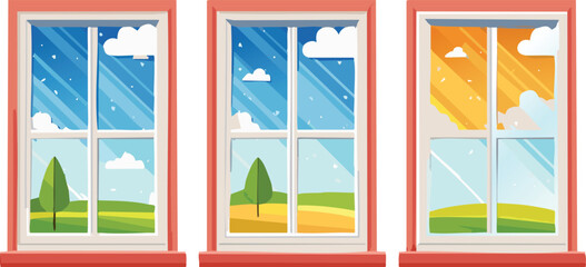 Window Frame Displaying Four Distinct Seasons in a Minimalist Geometric Design