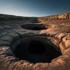 An expansive natural terrain featuring multiple dark openings of underground caverns and rough geological rock formations ,entrance ,environment ,grotto