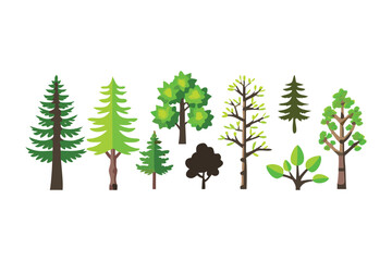 Variety of Green Trees: A collection of stylized trees in varying shapes and sizes, each showcasing a vibrant shade of green and unique form, set against a simple backdrop.
