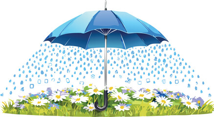 Umbrella Shielding a Blooming Flower Field Amid a Storm of Data Icons, Tech and Nature Fusion Illustration