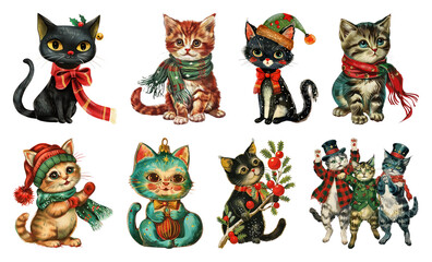 Fototapeta na wymiar PNG Vintage festive cats in holiday attire, element set on transparent background