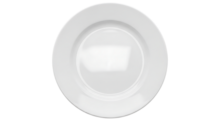 A simple white plate centered on a black background with a slightly reflective surface and clean lines