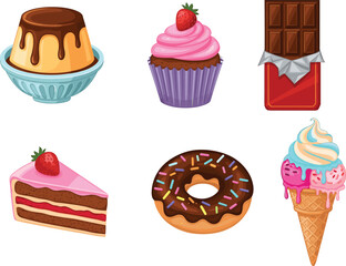 WebSweet dessert collection with cake, donut, cupcake, pudding, chocolate bar, and ice cream cone, colorful vector illustration for bakery design