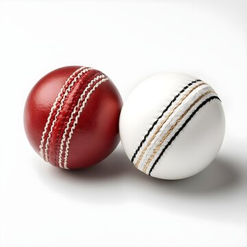 Red and white leather cricket balls showcasing different formats on white background