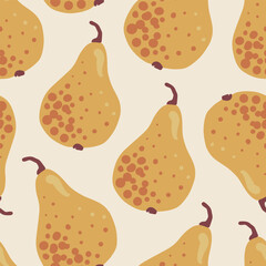 Rustic autumn fruit seamless pattern. Delicious yellow orange pears with texture spots on a light background. Hand-drawn autumn harvest vector design for food packaging or textile.