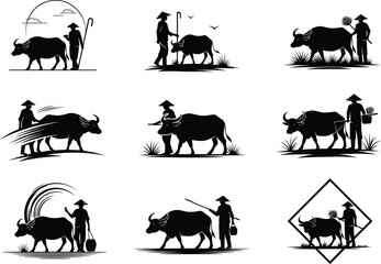 Traditional Asian farmer with water buffalo silhouette vector illustration, agriculture lifestyle concept, rural field work art, countryside farming scene design.