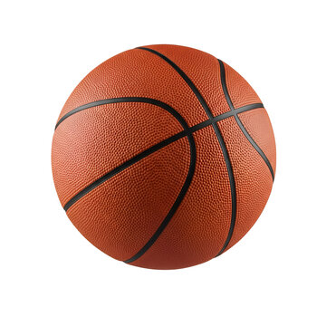 A closeup studio shot of a standard orange basketball isolated on a transparent background, showcasing its textured surface and black seams