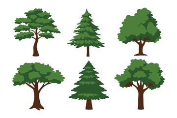 Fototapeta premium Diverse Tree Collection: A vibrant compilation showcases a variety of stylized trees, each boasting lush green foliage and unique structures, perfect for enriching design projects.
