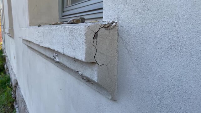 Close-up of cracked plaster and chipped window sill on new modern building wall, 4K construction defect footage	