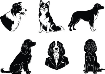 Vector illustration set of different dog breeds in black and white, detailed pet artwork with realistic poses and portrait design for decoration