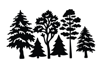 Obraz premium Silhouetted Trees in Nature: a graphic illustration that captures the essence of a tranquil forest. The image features a variety of tree species, from towering evergreens to deciduous trees. 