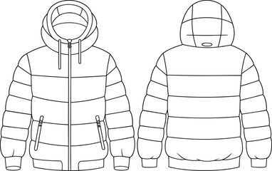 Winter puffer jacket front and back view technical flat sketch, hooded quilted outerwear design template, fashion cad drawing vector illustration