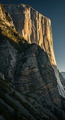 An immense and unyielding sheer rock face dominates the landscape, showcasing rugged textures and ancient geological layers. A powerful natural monument ,natural ,vista ,natural wonder