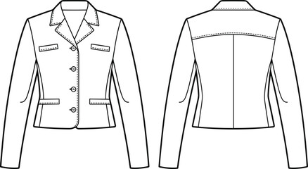Women fitted blazer jacket flat sketch with notched lapel collar, front buttons, flap pockets, long sleeves, formal fashion vector illustration