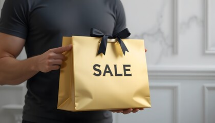 A man in a dark t-shirt presents a luxurious golden shopping bag 