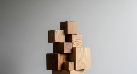 Stack of natural wood blocks artfully arranged in a modern, minimalist composition against a soft grey backdrop creating a sense of balance and growth