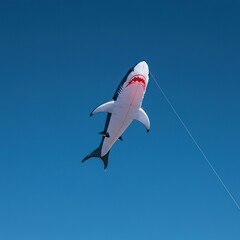 An impressive shark kite flies high, showcasing its dynamic form and vibrant colors against a wide-open, endless blue expanse overhead ,shark ,creature ,above