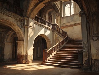 Fototapeta premium Grand Old Staircase Architectural Interior Rich Ornate Details Arches Pillars Sunlight Shadows Textured Walls Rustic Elegant Aesthetic Ancient Building Design