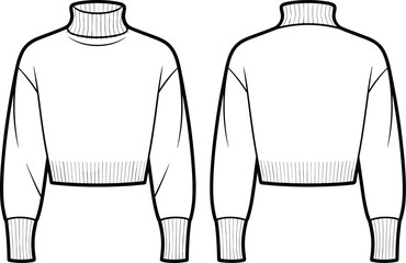 Women's long sleeve turtleneck sweater flat sketch front and back view, winter knitwear fashion design, CAD drawing vector illustration