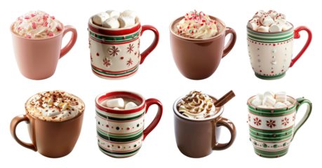 PNG Festive mugs with hot cocoa, element set on transparent background