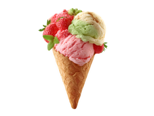 Indulge in vibrant ice cream cone with fresh strawberries and mint, the perfect summer treat to cool down and enjoy the sweet life, delicious and refreshing