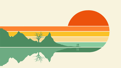 An island and people are seen in front of a graphic sunset image in a vector image.An island and people are seen in front of a graphic sunset image in a vector image.