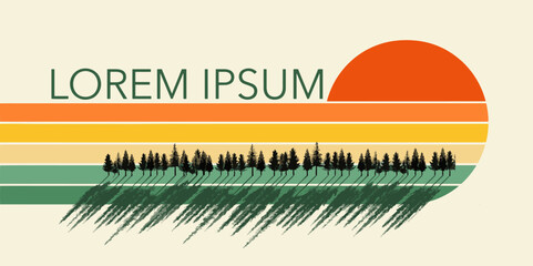 Pine trees and a sunset graphic make a colorful vector background about forestry and apline forests.