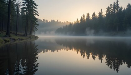 Foggy Forest Lake at Sunrise Reflection Landscape