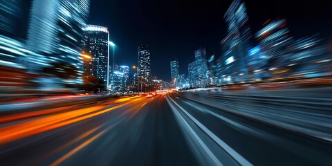 A road in movement with blurry city lights