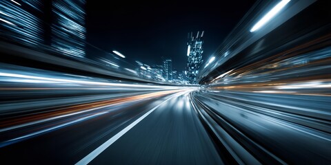 A road in movement with blurry city lights