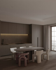 Modern kitchen and dining area with minimalist furniture and warm neutral tones. Elegant interior.