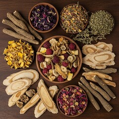An inviting arrangement of diverse dried herbs, roots, and flowers, meticulously prepared for traditional wellness practices on a rustic wooden surface ,texture ,pestle ,ancient