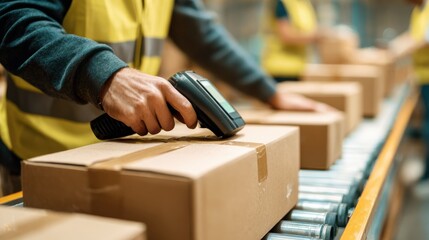 hands scanning barcode on delivery parcel worker scan barcode of cardboard packages before delivery at storage woman working in factory warehouse scanning labels on the boxes with barcode scanner no 