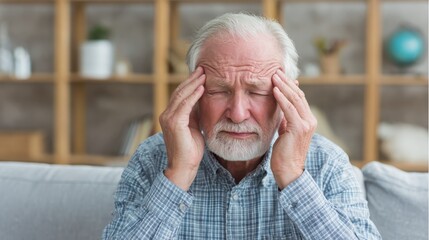 healthcare pain stress age and people concept senior man suffering from headache at home no logos no brands ar 169