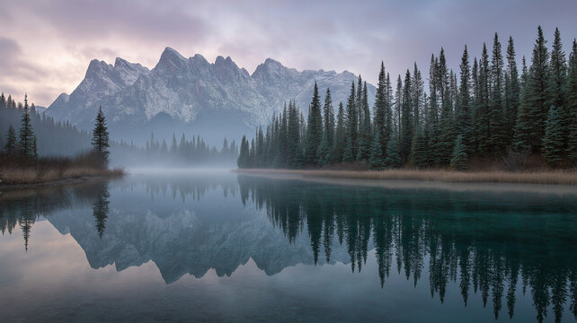 Almost nearly perfect reflection of the Rocky mountains in the Bow River. Near Canmore, Alberta Canada. Winter season is coming. Bear country. Beautiful landscape background concept.